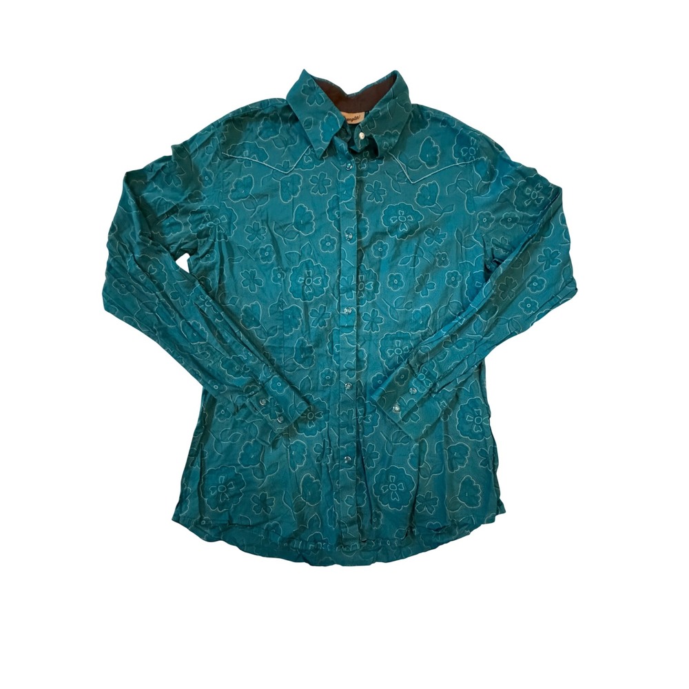 Wrangler Womens Teal Floral Western Snap Shirt LW3311Q Small Cowgirl Boho Cotton